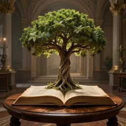 tree of life growing out of a book, on a wooden table, inside a palace, rim light, extremely detailed, masterpiece, artstation, cinematic lighting, photographic, by greg rutkowski and alphonse mucha, wolp, shadow of the tomb raider