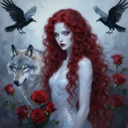 a portrait of a ice queen with long dark curly red hair, stoic, pale skin, alone dramatic, epic painting, painted painting by wlop, nixeu and sakimichan, cgsociety, roses, wolf, crows beautiful, artbreeder, artstation, octane render, sharpness, 8 k, golden ratio