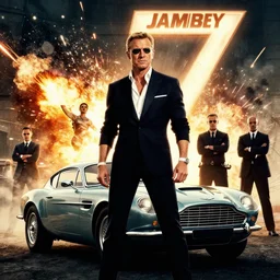 0 0 7 james bond movie poster featuring women and explosions and aston martin car and henchmen