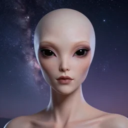 a photorealistic portrait, stunningly beautiful hyper detailed alien girl, mysterious black eyes, professionally retouched, soft lighting, hyper realistic, small nose, pretty mouth, beautifully detailed colorful starry sky, wide angle, sharp focus, 8 k high definition, 6 4 megapixels, insanely detailed, stunningly beautiful