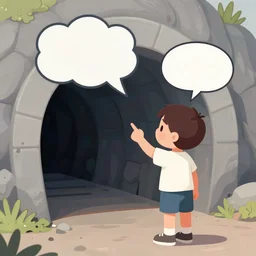 a kid pointing possesively at the entrance of a mine entrance with a word bubble above him