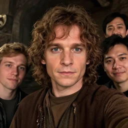 selfie of frodo, fine detailed face, long curly hair, stunning 3 d render inspired art by greg rutkowski and xiang duan and thomas eakes, realistic, highly detailed attributes and atmosphere, dim volumetric cinematic lighting, 8 k octane detailed render, post - processing, masterpiece