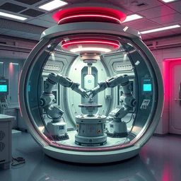 futuristic enclosed medical pod ( glass tank ) contains multiple robotic arms doing precision work inside, a single large glass chamber contains multiple automatic manipulators, highly integrated futuristic automatic medical care unit in a cyberpunk hospital lab, 3 d bioprinter, mri, cnc, highly detailed, vibrant, hyperdetailed scifi concept art, artstation, hdr, rtx, octane render, cgsociety, solidworks