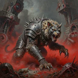 fine art oil painting varied muck jeweled, filthy, doubled, spiked, rugated armored bagheera kiplingi, destructive, clawing & terrified as massive brutalist structures, claustrophobic cilia sporing pox, final battle failure, red mustard gas fog, by alex nino, ian miller, b wolverton, jack gaughan high resolution, hyper detailed,