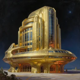 exterior view of the spaceship atlantis paradise, a retro futuristic spaceship made of brass, art deco influence, hotel style design. space background. painting by artgerm and greg rutkowski.
