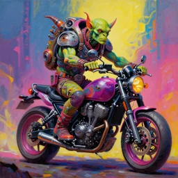 a scifi post apocalyptic orc biker, psychedelic vibrant colors, futuristic punk rock fashion, oil painting by michael whelan art, sharp focus, realistic, highly detailed, 8 k