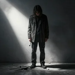 person broken by late stage capitalism, dark, shadows, light rays, hyperrealistic, digital art, extremely high detail