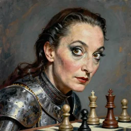 head and shoulders portrait of a female knight, chess pieces, ♟, painting by salvador dali