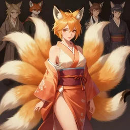 An beautiful digital painting of Ssunbiki as a shapely lady with fox ears and nine tails wearing a kimono, by Stanley Artgerm Lau, WLOP, Rossdraws, James Jean, Andrei Riabovitchev, Marc Simonetti, and Sakimichan, tranding on artstation, SFW version