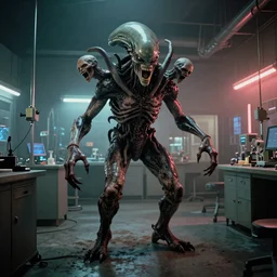 a scary filmic wide shot color ground level angle movie still 35mm film photograph of the full body of a screaming and angry dangerous shape shifting alien creature, with multiple mutated snarling drooling human faces with a grotesque variety of human and animal limbs protruding from its lower torso inside of a 1970s science lab, neon lights, dirty, ektachrome photograph, volumetric lighting, f8 aperture, cinematic Eastman 5384 film