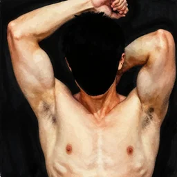 closeup of one!!! athletic man posing dramatically with no face, no hair, black background, matte colors, by conrad roset, watercolor painting trending on artstation