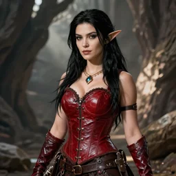 epic fantasy d & d female halfling rogue, black hair, red leather corset, cinematic, beautiful lighting, heroic
