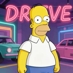Homer Simpson in the movie Drive, synthwave style, highly detailed, 4K, colorful, art