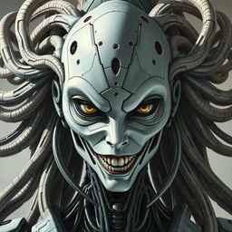 perfectly centered portrait, front view of a beautiful biomechanical android alien robot medusa, female, flowing hair, intense stare, sarcastic smile, symmetrical, concept art, intricate detail, volumetric shadows and lighting, realistic oil painting by tim hildebrandt,