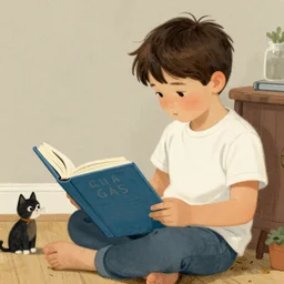 a kid with a cat are reading a book, art by margherita grasso