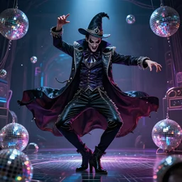 a portrait of a evil magician dancing disco - style, cyberpunk concept art, trending on artstation, highly detailed, intricate, sharp focus, digital art, 8 k