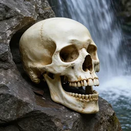 a skeleton skull rock with its mouth opened, underneath a waterfall, photo realistic, 4 k