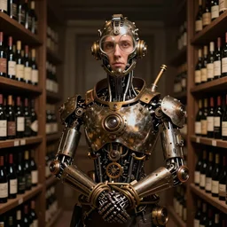 a beautiful intricate fine art portrait photo of a mechanical industrial steampunk cybernetic sommelier facing a wine cellar with hands tied behind his back, by tom bagshaw and zach sutton, perfection!, studio lighting, 35mm lens, very detailed, bionic, cybernetic scifi, deep depth of field, artstation, 8K, highly coherent