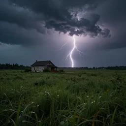 grassy landscape with a singular house at night during thunderstorm, dark colors, hyperdetailed, hyperrealistic