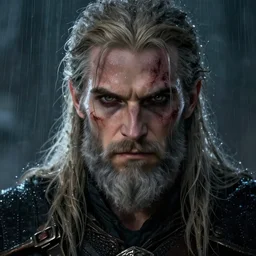 geralt of rivia with long beard and intense eyes, scarred, wet, raining, close up, rim lighting, portrait, sinister atmospheric lighting. highly detailed painting by greg rutkowski, anime style