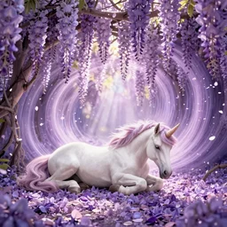 unicorn napping under wisteria, stunning cinematography, light diffusion, floral explosion, radiant light, vortex of plum petals