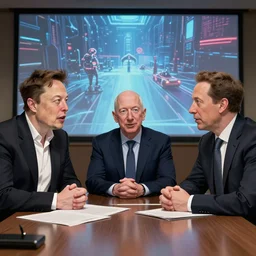 Illustration meeting between Elon Musk, Jeff Bezos and Mark Zuckenberg to create the great simulation by Greg Rutkowski, cgs society, unreal engine, 8k