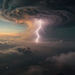 a beautiful digital artwork of a dream planet atmosphere, fog, lightning, dark, volumetric lighting, abyss, asperitas, lightning, sunset, very detailed, cirrus, orange, teal, gold accents, washed out colors, ultrarealistic