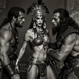 Battlefield, shy aztec  princess fights brutal barbarian, inspired by mad max and dark fantasy and fashion, beautiful  body, clean brutal blooded  symmetrical face,  brutal bloody  and sluty make up, epic,dramatic lighting, cinematic, establishing shot, extremely high detail, photorealistic,  brutal, provocative , cinematic lighting, artstation, octane render, dark fantasy ,old photo, vintage, black and white, Boris vallejo, sepia, old photography, documentary photography