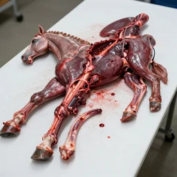 the organs of a horse dissected and strewn spread across a table bloody 4 k real