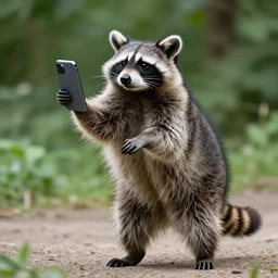 a dancing raccon with a smartphone in his paw, realistic nature photography