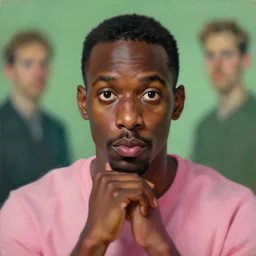 portrait of a black man who stares intently, very thoughtful, yet playful, but he can't do it, because he's not sugary, highly detailed oil painting, by francis bacon, edward hopper, adrian ghenie, glenn brown, soft light 4 k, pink and green colour palette, cinematic composition, cinematic lighting, high quality octane render, masterpiece