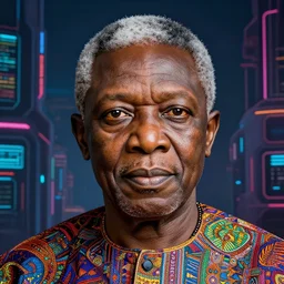 hyper realistic portrait of wole soyinka in the middle of a broad cyberpunk background with lots of space all round, perfect face, fine details, colorful patterns, studio lighting, subtle shadows, art by tim okamura and karol bak, canon eos r 3, f / 1. 4, iso 2 0 0, 1 / 1 7 0 s, 8 k, raw, unedited, in - frame