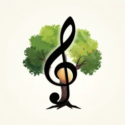 centered minimal silhouette art of an acorn growing into a tree in the shape of a treble clef, with a big scar down the middle of the tree, bursts of color, inspire and overcome to become beautiful treble clef, playful