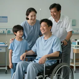 a male patient in a wheelchair in the hospital with his wife and son standing by. happy, cheerful, smiling, intricate, face enhance, sharp focus, cinematic lighting, featured in artistation, 8 k, art by greg rutkowski, william adolphe bouguereau