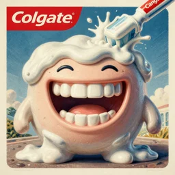 Colgate Sanrio creature with a big smile, toothpaste blast, 3D physical tactile illustration vintage, toothpaste advertisement poster printed CMYK ink colored lithography, big smiling perfect teeth shiny porous skin, fluid toothpaste covering everything