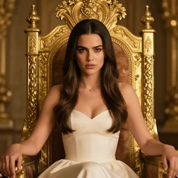 close portrait of princess mila kunis sitting on her throne looking mean, intricate, gold glow, morning sun - rays, low angle, greg rutkowski, steve argyle, ilya kuvshinov, rossdraw, daniel f. gerhartz,