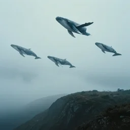 the foreground is a foggy hill, and the background is a few whales flying in the sky, in the style of science fiction movies