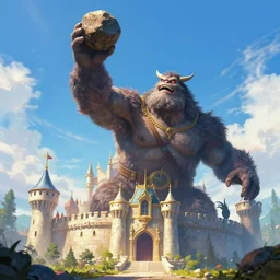 giant monster throwing rock at kingdom, fantasy, elegant, digital painting, artstation, unreal engine, octane render, sharp focus, vibrant colors, high contrast illustration