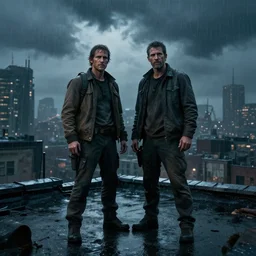 epic portrait cinematic shot two survivors standing on a rooftop, apocalyptic city backround, cloudy, stormy, rainy, wet, fine details. night setting. realistic shaded lighting poster by craig mullism, artgerm, jeremy lipkin and michael garmash, unreal engine, radiant light, detailed and intricate environment, digital art, trending on art station,