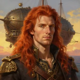 portrait painting of a handsome face rugged long hair crimson hair male captain, top half portrait soft hair steampunk ornate mechanical zeppelin airship in the background sky sunset golden hour fantasy soft hair deviantart book cover art atmospheric volumetric lighting art by mucha greg rutkowski gaston bussiere