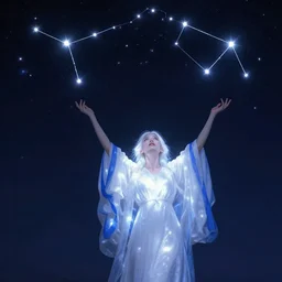 A blanket of lampoons light up the sky at night. The stars are so bright they make your eyes water. A small constellation is growing over the lampoons. It looks like a woman, with her arms raised to the heavens and her head thrown back in ecstasy. She's wearing white robes trimmed with blue, and she has hair as pale as the moon. Her skin glows against the darkness and she shines from within.