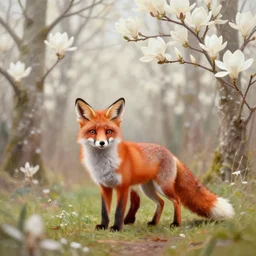 painting of a cute red fox in the middle of a white magnolia forest