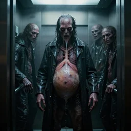 in the dark elevator, one wet skin creature with glowing eyes, crawling humanoid monsters, smile face, very light mist, octane rendering, cinematic light. medium shot, 2 4 mm, david fincher, james wan, gritty, moody, eerie, dark artslabcoats, sci - fi equipment, saliva, membrane pregnancy sac, respiratory flap, super realism, claws