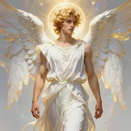 full figure beautiful young fit male angel with curly blond hairs, dressed with fluent clothes, majestic wings, luminous halo, by alfons mucha, d & d character, gradient white to gold, in front of an iridescent background, highly detailed portrait, digital painting, artstation, concept art, smooth, sharp focus illustration, artstation hq