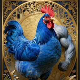 beautiful muscular bodybuilding blue chicken hen centered, artwork by james jean, hyper detailed realistic smooth, jean delville, art nouveau, gustav klimt, ornate gothic icon, james jean, ultrasharp hyperdetailed photorealistic octane render