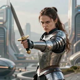 landscape of a future city, a young english woman between the ages of 2 0 - 2 5 years, wearing armor and pointing a dagger, wearing a face full of anger. cinematic capture, dramatic condition, fine art, modern realism, sharp focus, good lighting, trending on artstation, trending on tiktok, smooth drawing, elegant, authoritative, without anomalies.