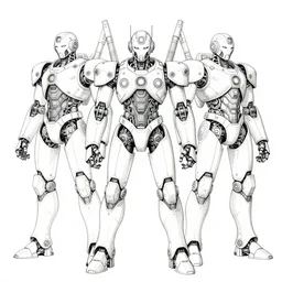 a highly detailed line drawing of 1 0 futuristic robotic warriors by kim jung gi and bernie wrightson