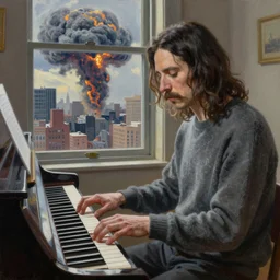 An Oil Painting of Rivers Cuomo in a sweater with long hair and a mustache playing his piano in an apartment as a nuke drops onto the city outside his window next to him, hyperrealistic, extremely realistic, highly realistic, HD Quality, 4k resolution, 8k resolution, Detailed, Very Detailed, Highly Detailed, Extremely Detailed, Intricate Details, Real, Very Real, Oil Painting, Digital Painting, Painting, Trending on Deviantart, Trending on Artstation