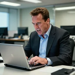 arnold schwarzenegger, conan the barbarian portrayed by arnold schwarzenegger sitting at a desk, as an office worker, in an office, inside an office building, sitting at a desk, angrily shouting at a laptop, angry at laptop, laptop computer, computer trouble, technical difficulties, software error, crisp lighting, corporate photography