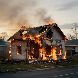 house burning down aesthetic, golden hour, bad weather, ultrahd, ultra sharp, hyper detailed, 8 k, shot on 3 5 mm film camera, smooth sharp forcus, realism, tumblr aesthetic,